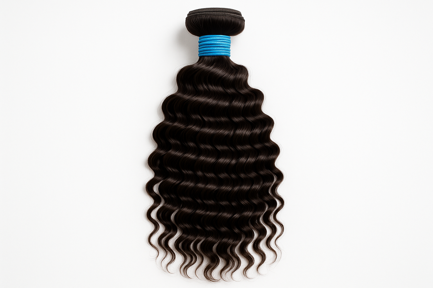 1 bundle of deep wave hair extensions with blue rubber bands around it