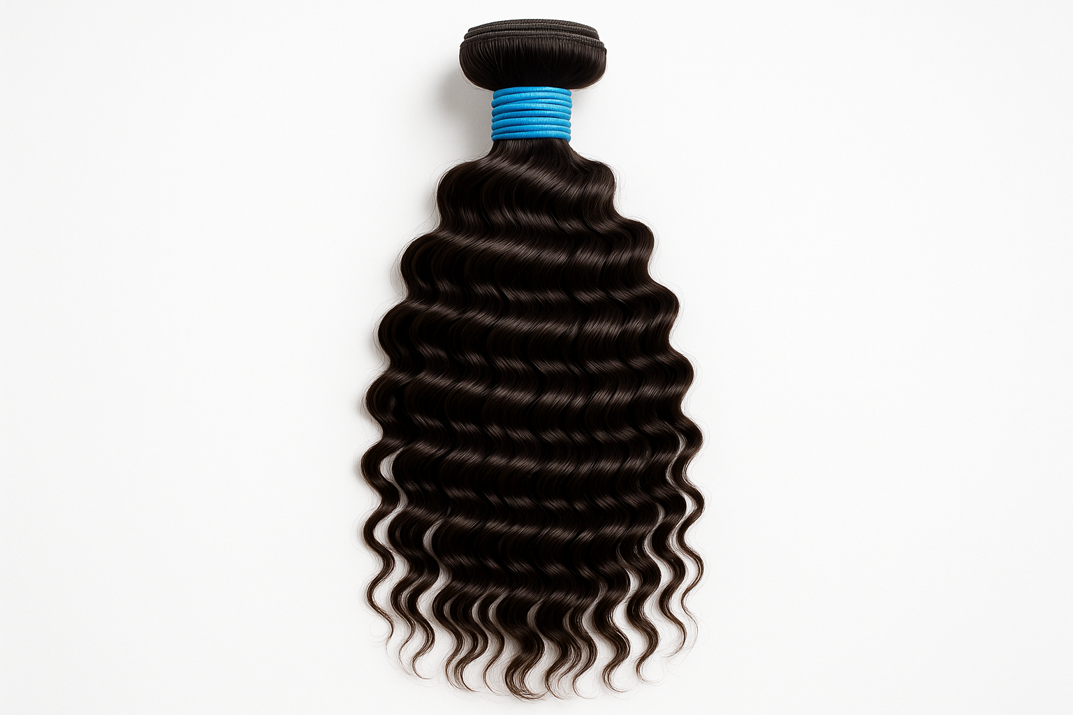 1 bundle of deep wave hair extensions with blue rubber bands around it