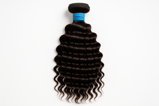 1 bundle of deep wave hair extensions with blue rubber bands around it