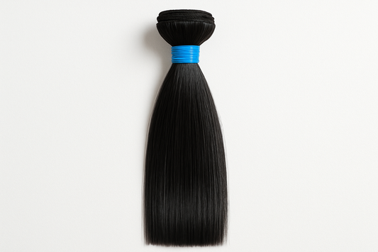 1 bundle Straight black hair extensions with blue rubber band around it see top and bottom of hair
