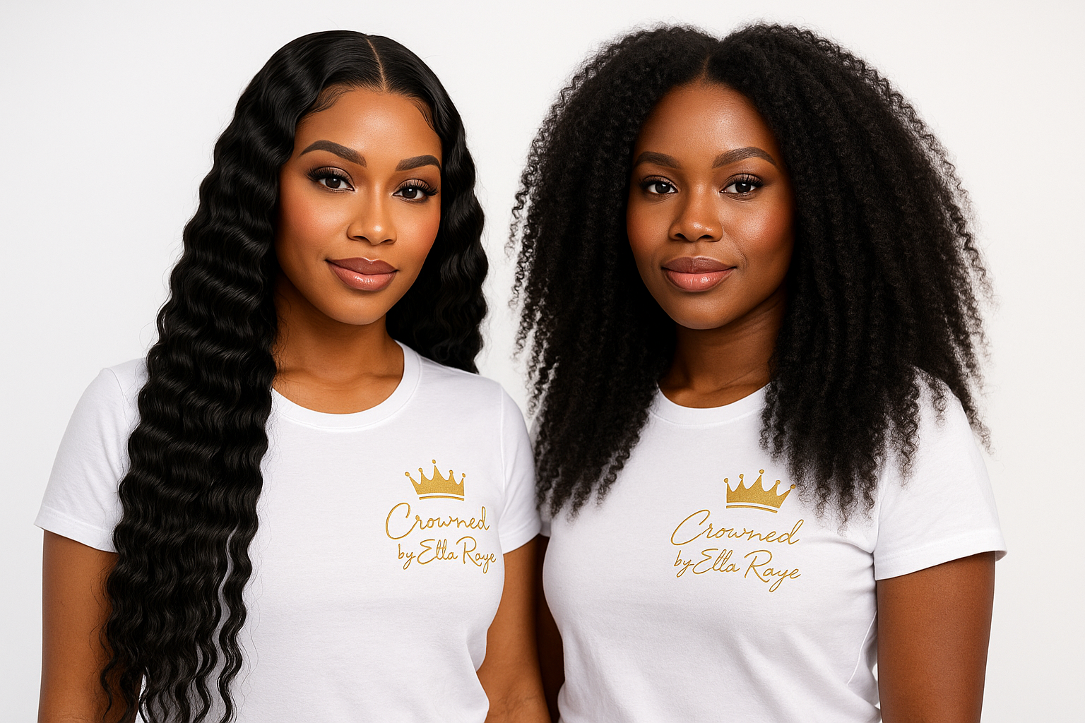2 beautiful African American woman wearing makeup with long deep wave hair  and the other wearing  make up with long kinky curly hair in a  white tee shirt with a logo with a crown and a Gold signature saying crowned by Ella Raye. on  the left of their white shirts make back ground white