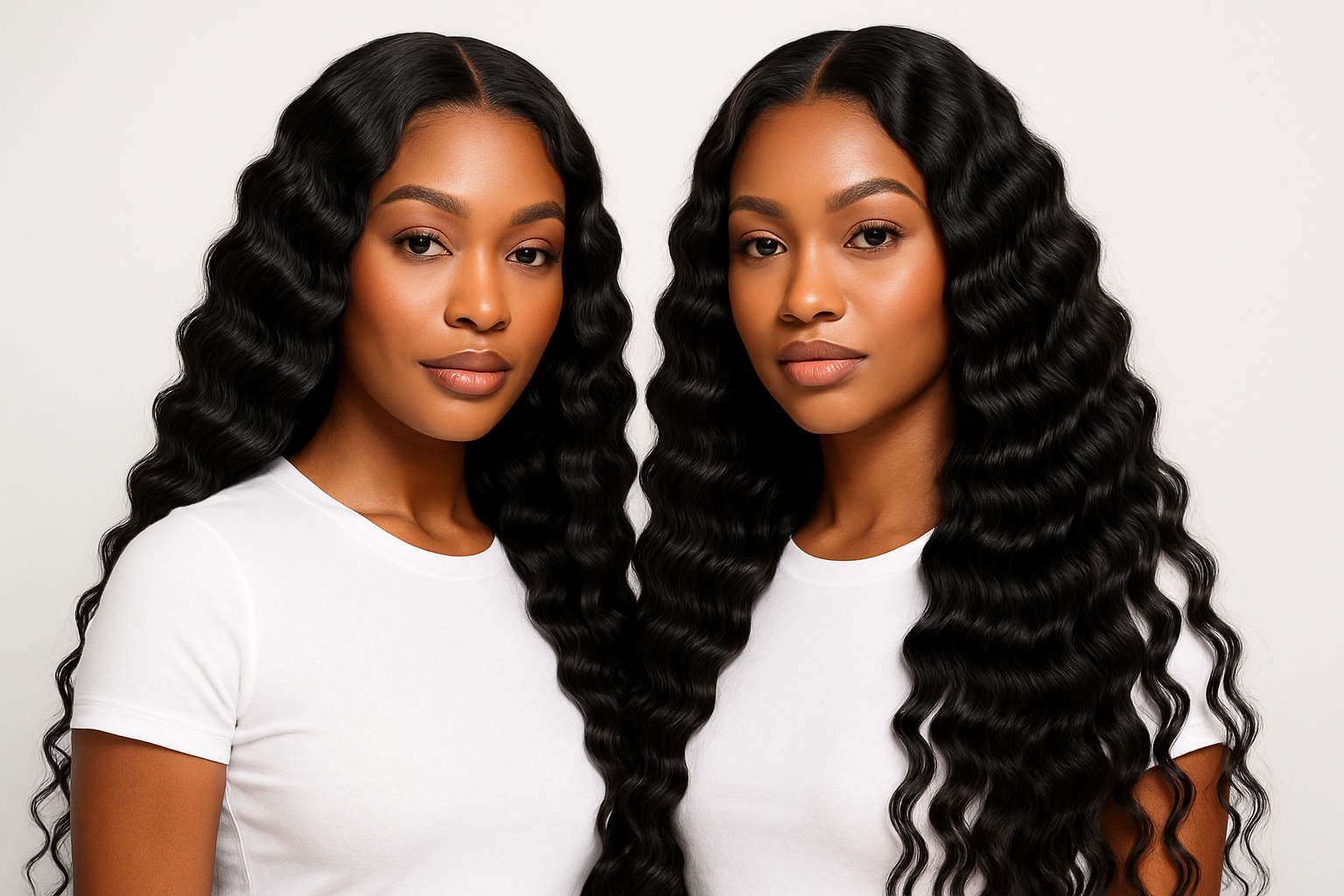 2 beautiful African American women wearing long black deep wave hair extension in white top shirt. make back ground white