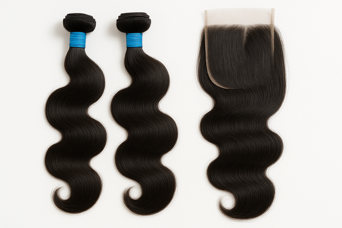 2 body Wave  hair bundles blue rubber band around hair and a long body Wave closures make back ground white