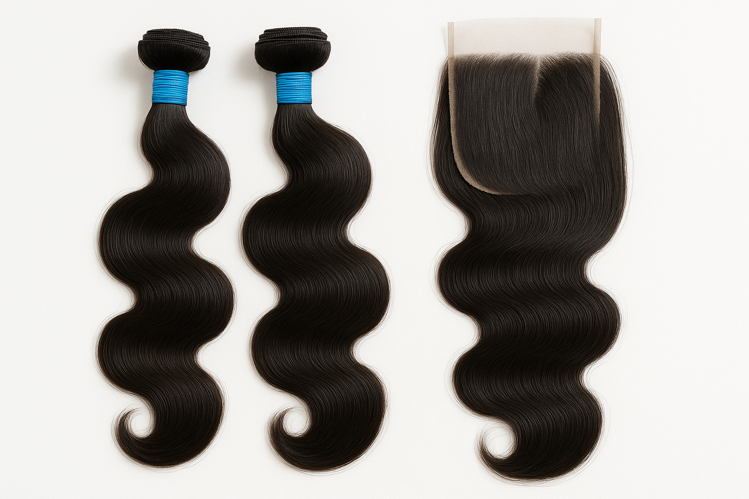 2 body Wave  hair bundles blue rubber band around hair and a long body Wave closures make back ground white