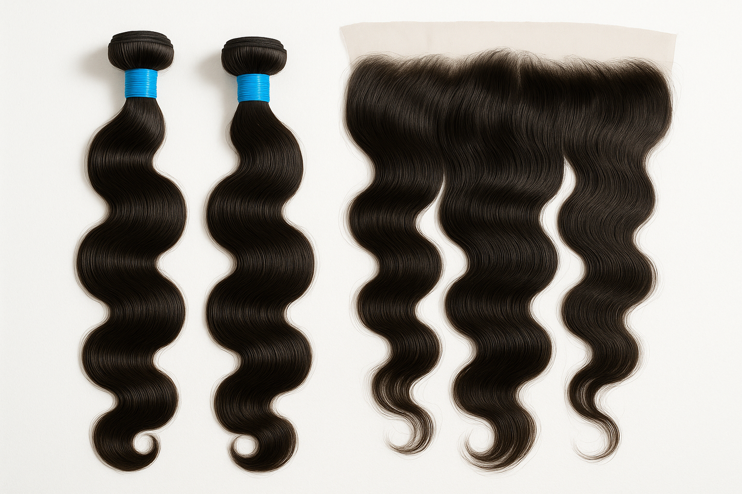 2 body Wave hair bundles blue rubber band around hair and a long body Wave frontal make back ground white