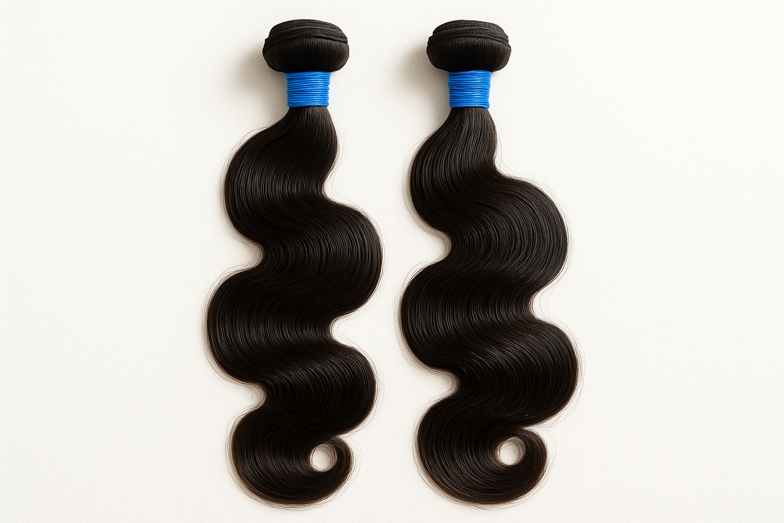 2 body wave hair extensions with blue rubber band on it
