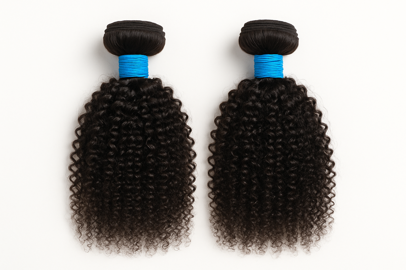 2 bundles kinky curly hair extension with blue rubber bands around it