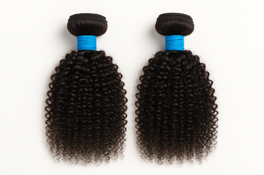 2 bundles kinky curly hair extension with blue rubber bands around it