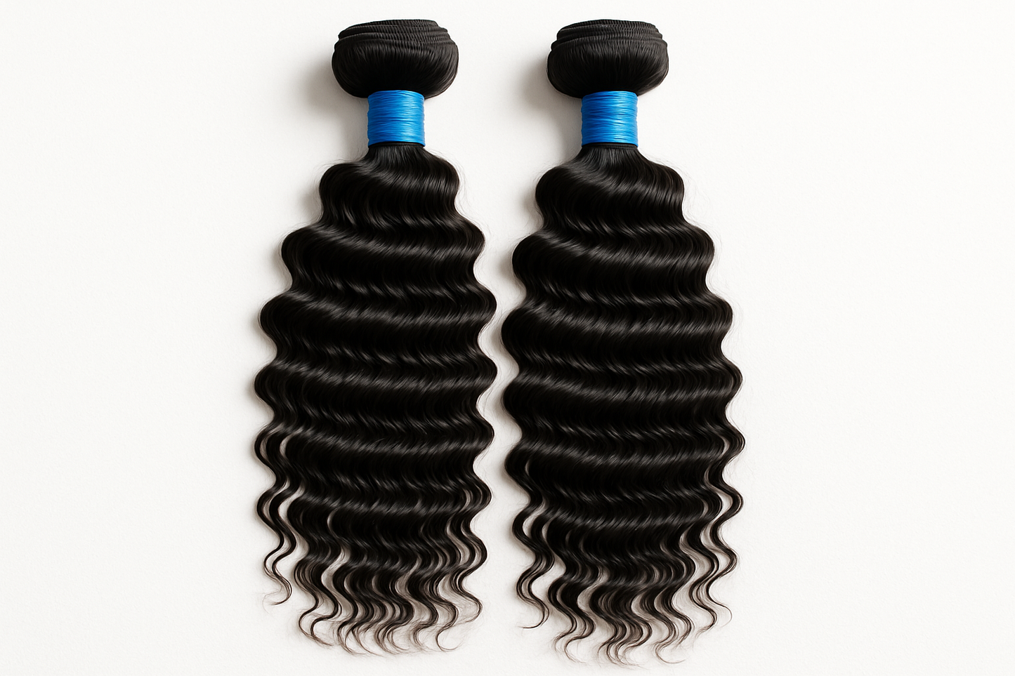 2 bundles of deep wave hair extensions with blue rubber bands around it