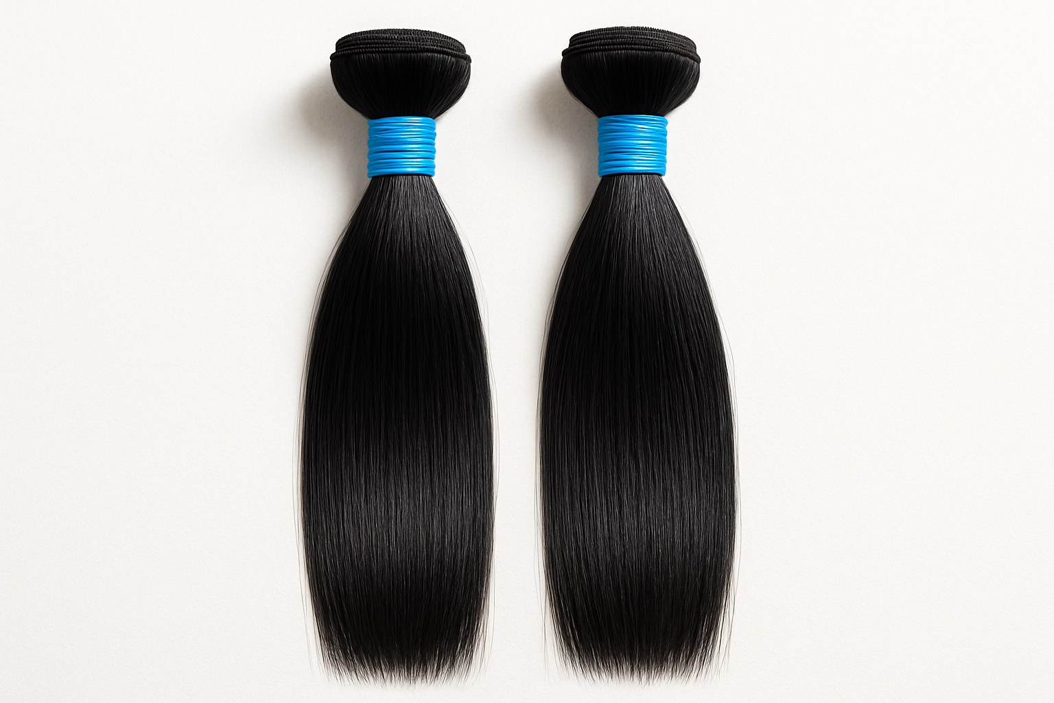 2 bundles of Straight black hair color with blue rubber band around it. make sure to see the top and bottom of the hair extensions