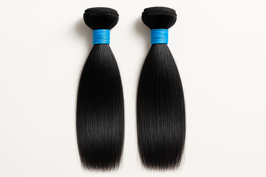 2 bundles of Straight black hair color with blue rubber band around it. make sure to see the top and bottom of the hair extensions