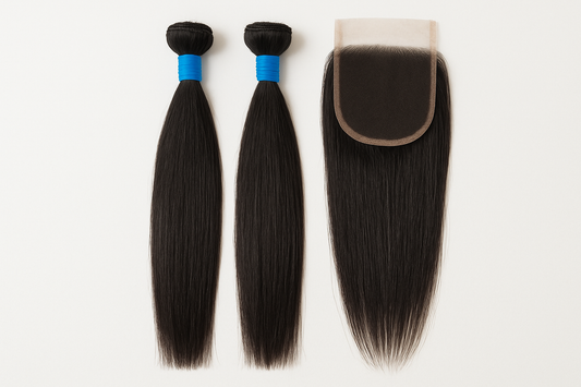 2 Straight hair extensions with blue rubber bands around it and the one straight Closure. make back ground white