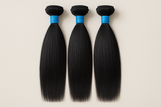 3 bundles of Straight black hair color with blue rubber band around it. make sure to see the top and bottom of the hair extensions