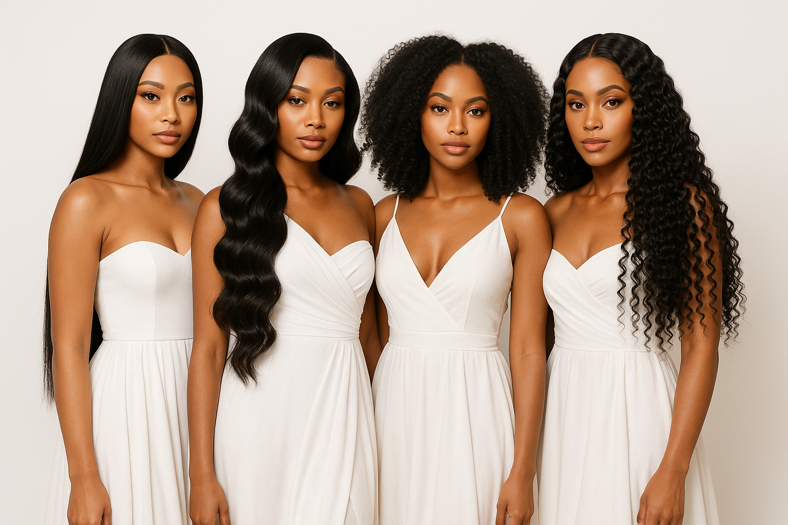 4 beautiful African American women wearing long straight body Wave kinky curly deep wave hair extension in white gowns make back ground white