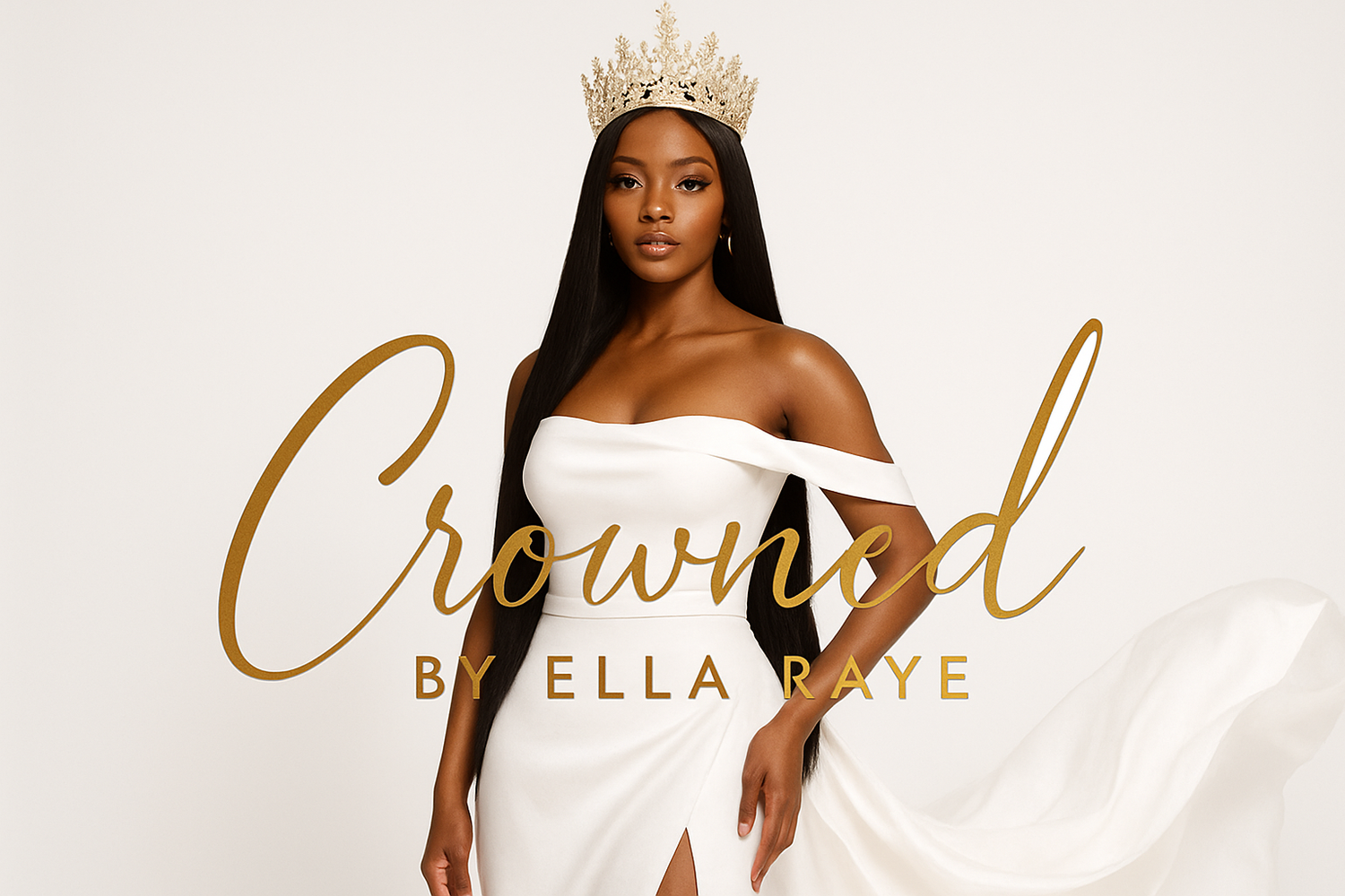 a beautiful African American woman with long straight hair extensions hair wearing a crown. a beautiful white gown on with a gold signiture logo saying Crowned By Ella Raye. make back ground white