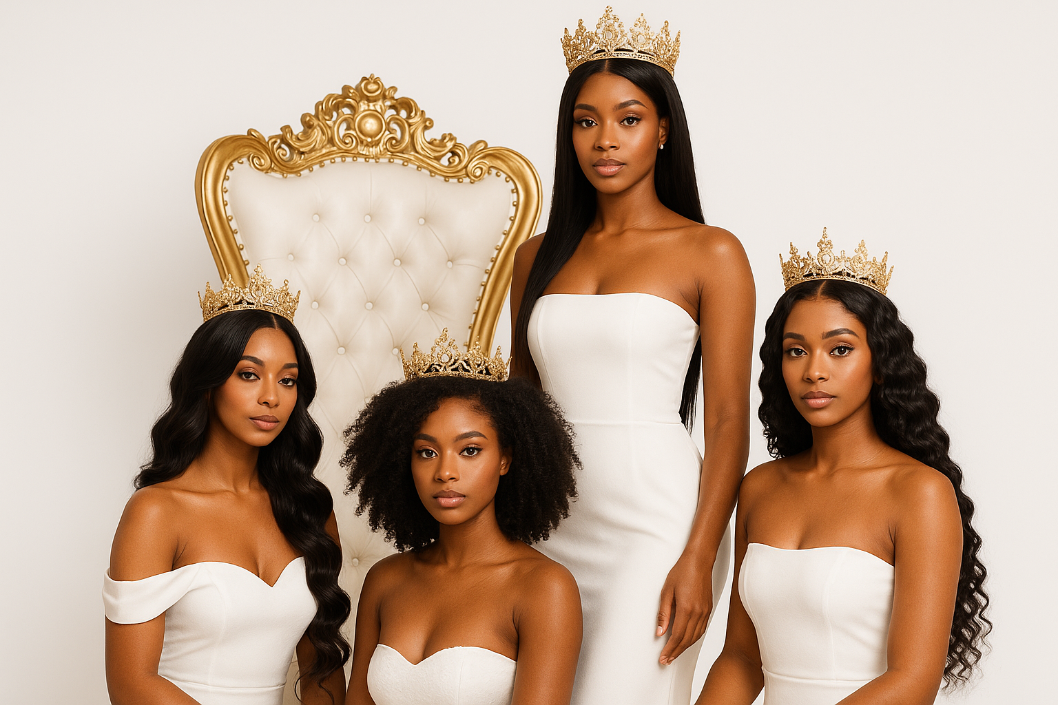 Beautiful African American woman with long straight hair wearing a crown standing by her gold throne with white seating. with 3 beautiful African American women wearing crown. each woman has on body wave kinky curly deep wave hair extensions. make white back ground