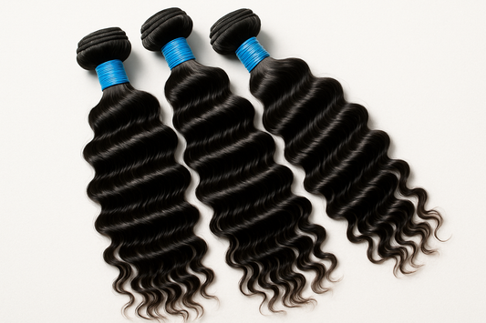 deep wave hair extensions with blue rubber bands around it