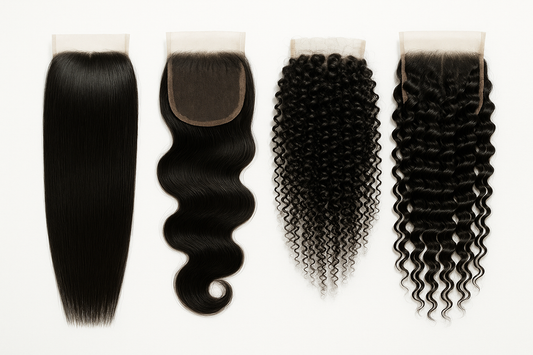 four hair closure one Straight Body Wave Kinky Curly and Deep Wave. make two closures show the back