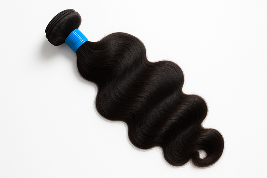 one body wave hair extensions with blue rubber band around it