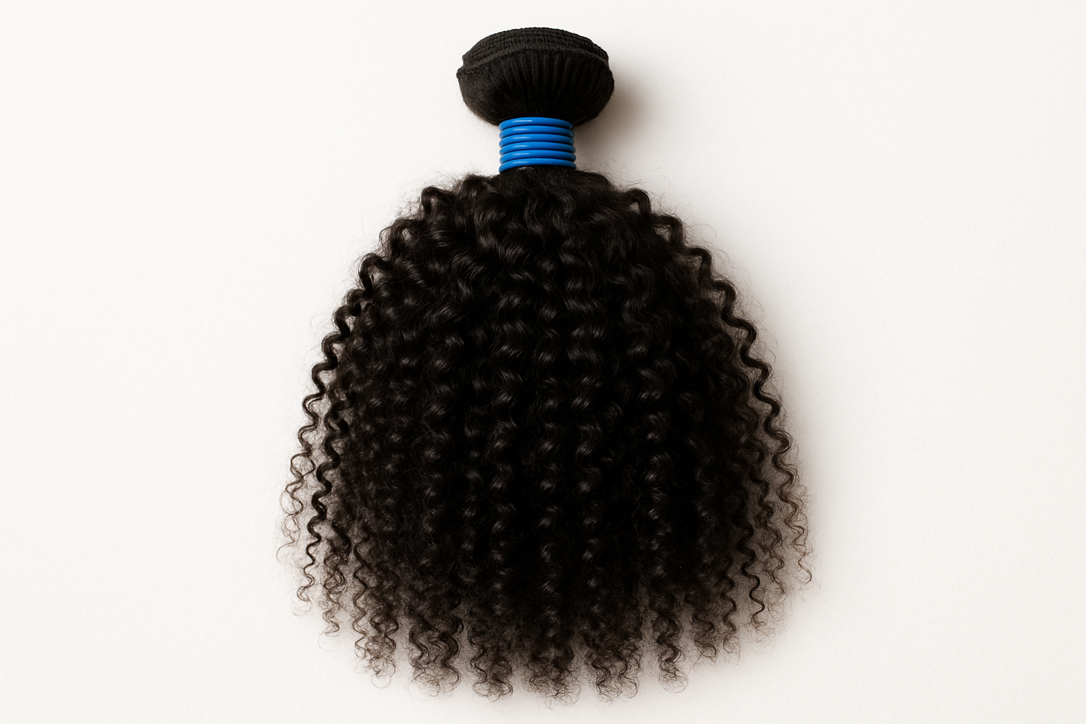 single kinky curly hair extension with blue rubberband wrap around it