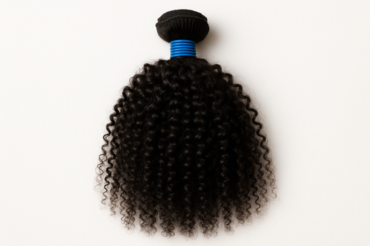 single kinky curly hair extension with blue rubberband wrap around it