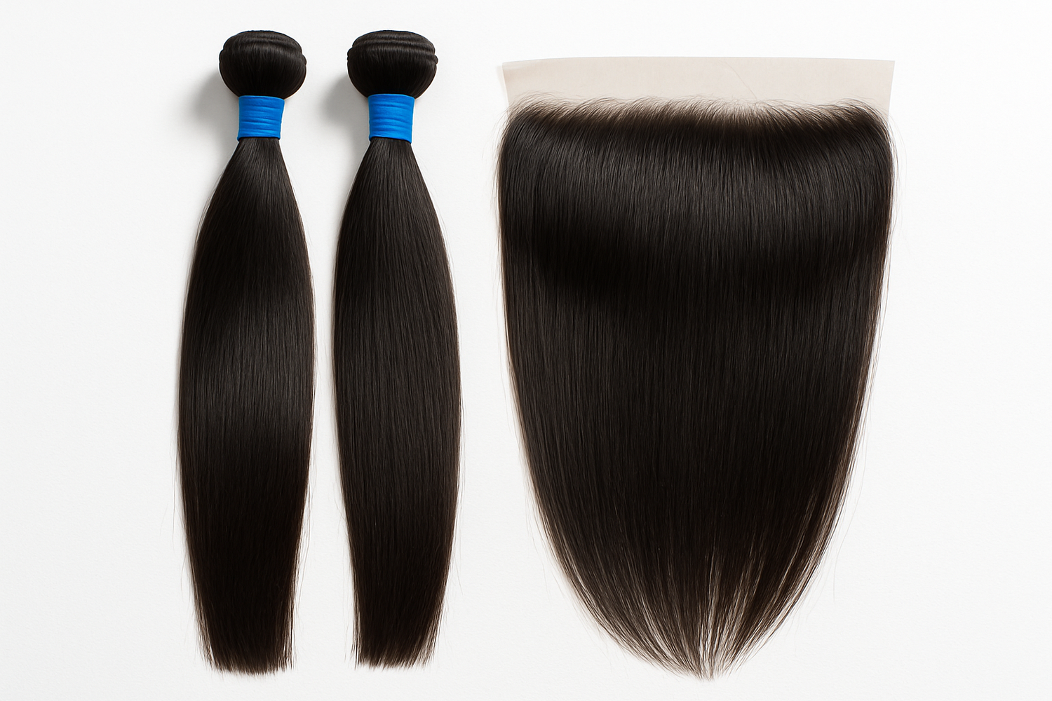 two straight  hair extensions with blue rubber bands around it and the one straight frontal. make back ground white