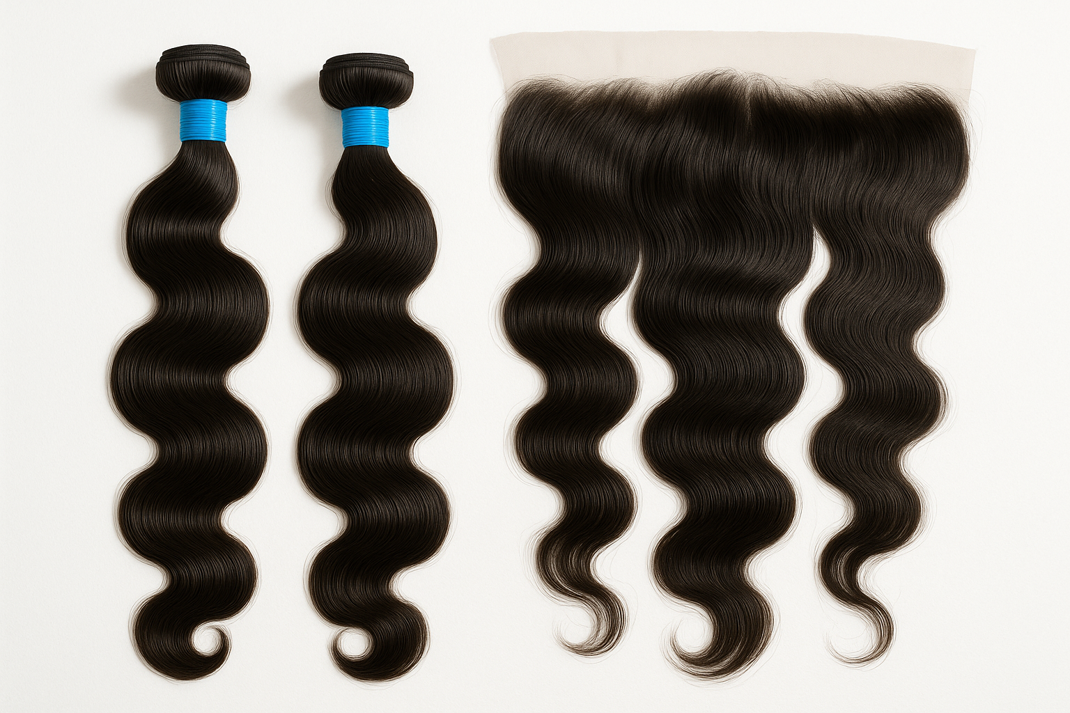 2 body Wave hair bundles blue rubber band around hair and a long body Wave frontal make back ground white