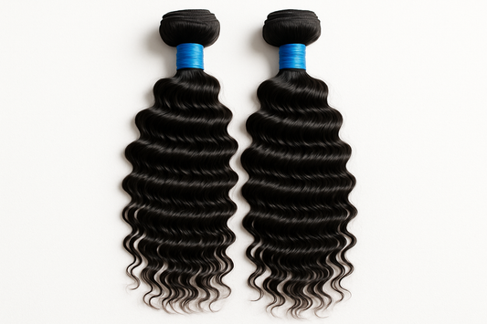 2 bundles of deep wave hair extensions with blue rubber bands around it 