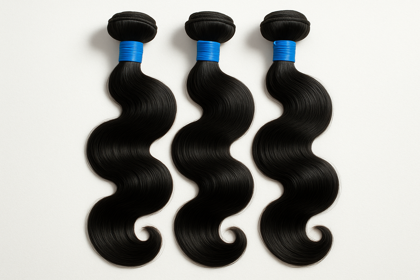 3 bundle of body wave hair extensions  with blue rubber bands around it
