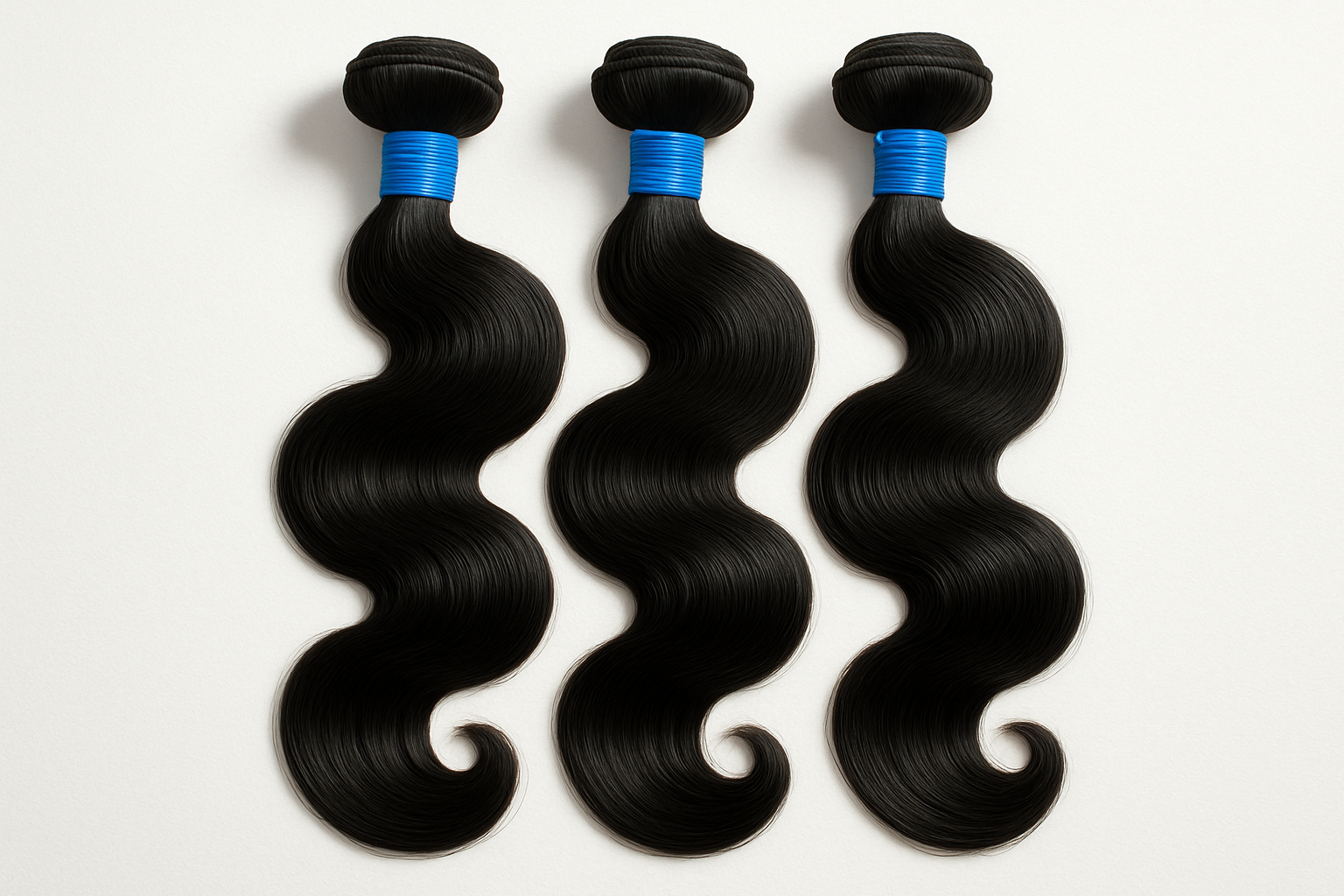 3 bundle of body wave hair extensions  with blue rubber bands around it