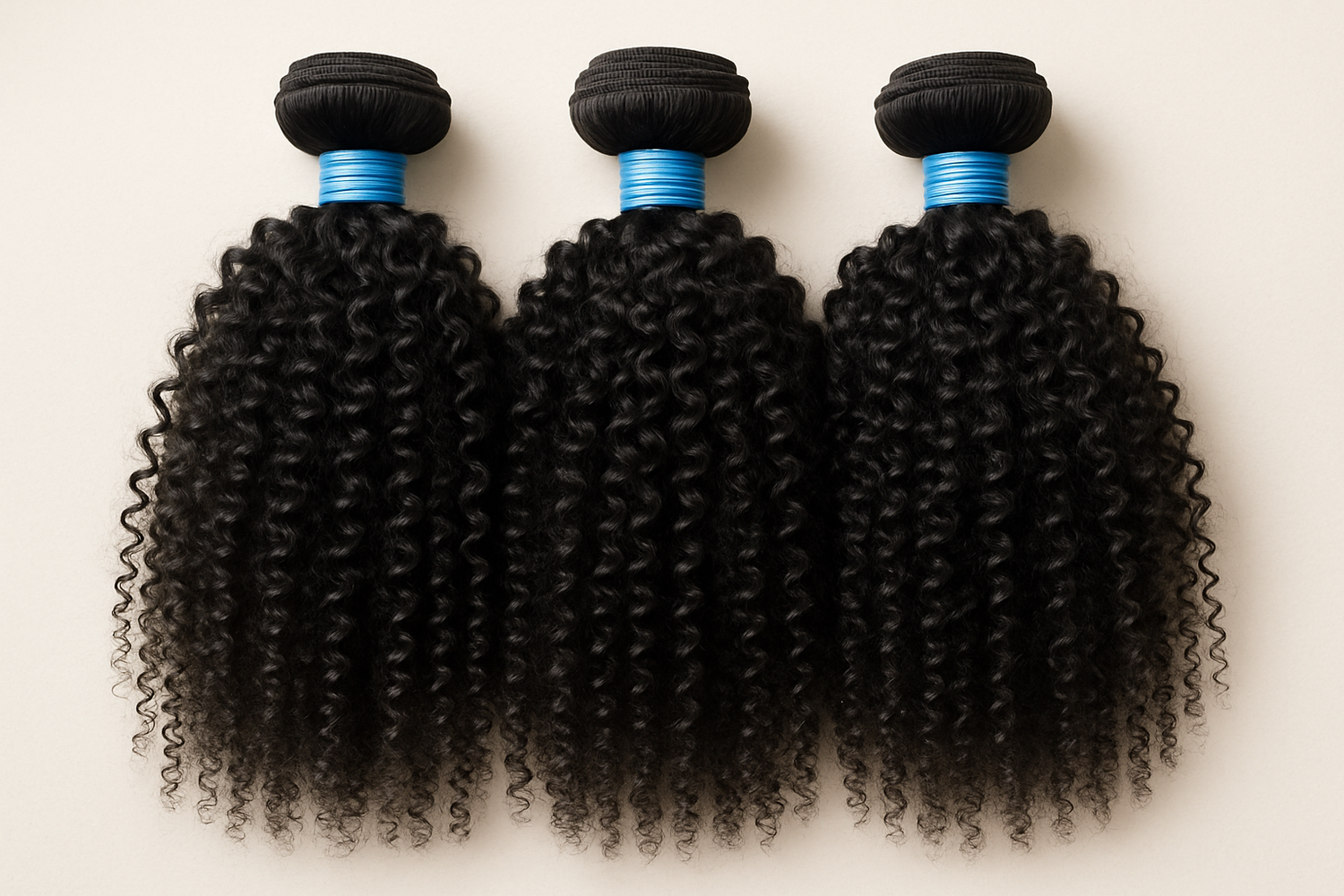 3 bundles of kinky Curly hair with blue rubber bands around it but the are close together not apart