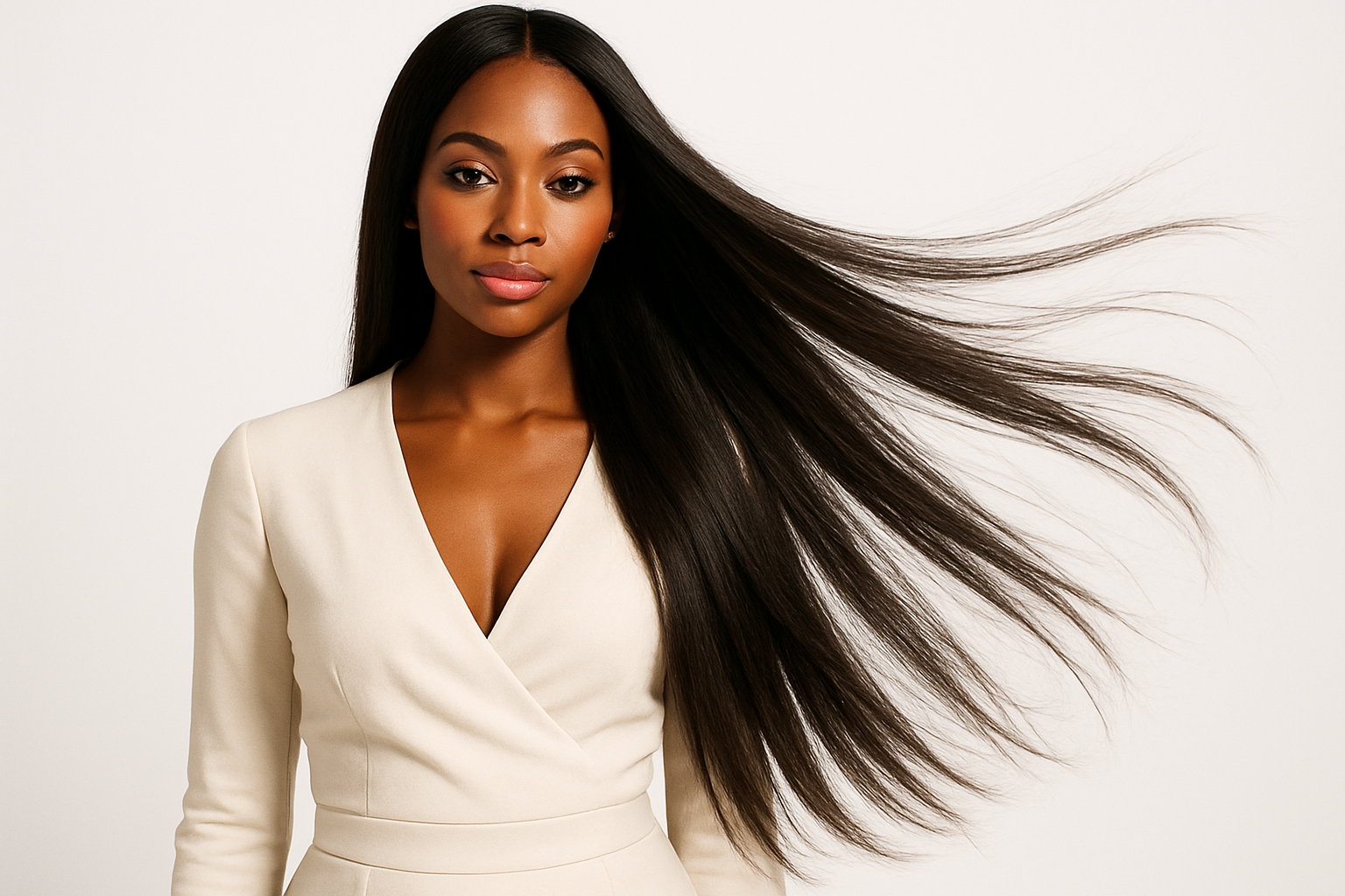 A beautiful African American woman standing up close with long straight flowing hair extensions dressed in off white. make back ground white