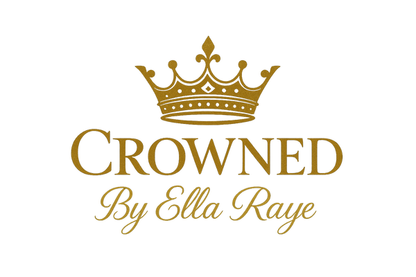 a logo with wording and picture  Crowned By Ella Raye  But By Ella Raye name is deep gold