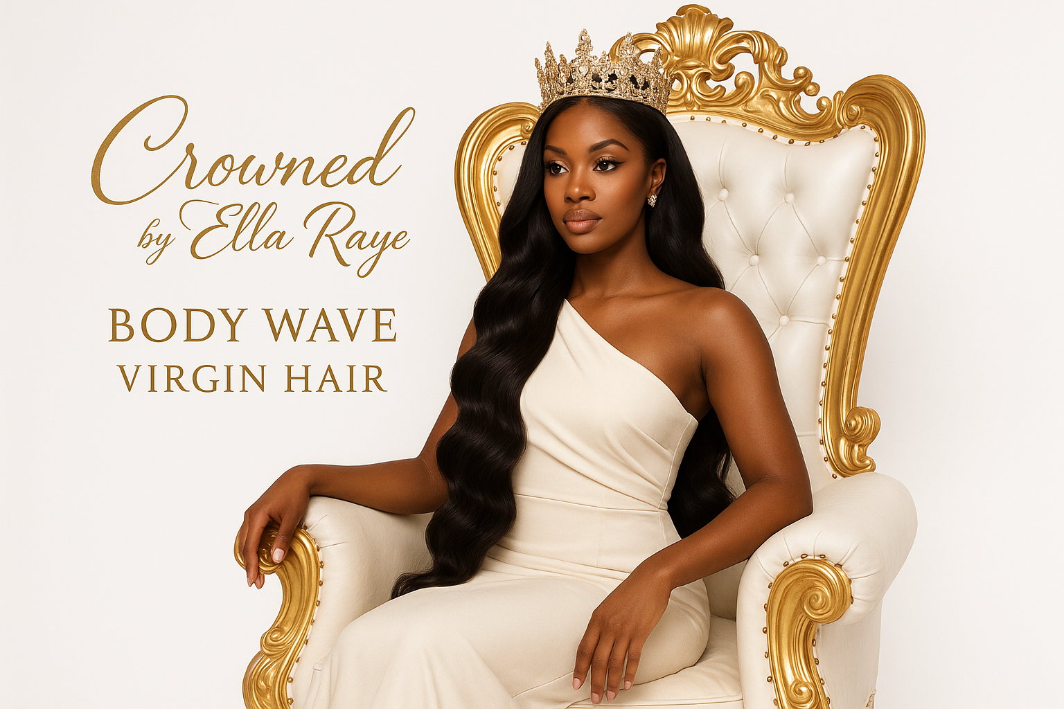 beautiful African American woman  with long body Wave hair extensions wearing off white dress  sitting with crown on gold throne with white seatting .make back ground white signature word crowned by Ella Raye in gold Body Wave Virgin Hair 