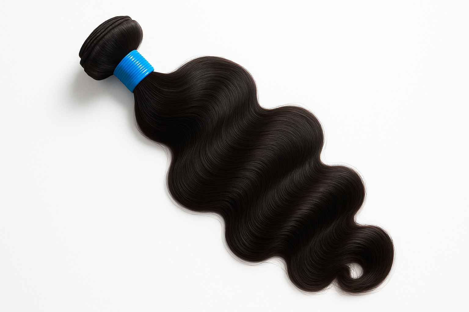 one body wave hair extensions with blue rubber band around it